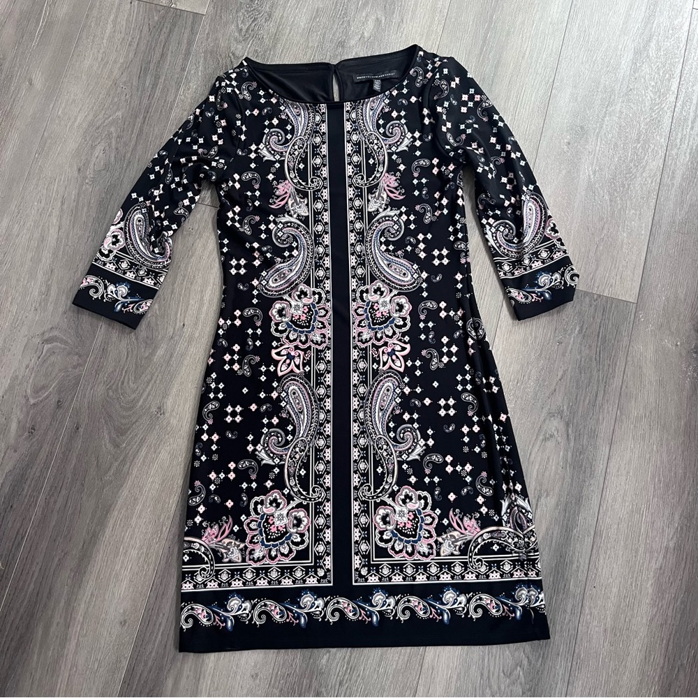 White House Black Market Black White and Pink Paisley Floral Patterned Dress XXS
